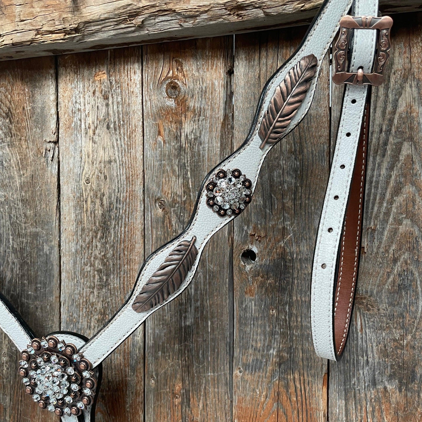White Leather Copper Clear and Feather  Browband/One Ear Tack Set #OEBC482