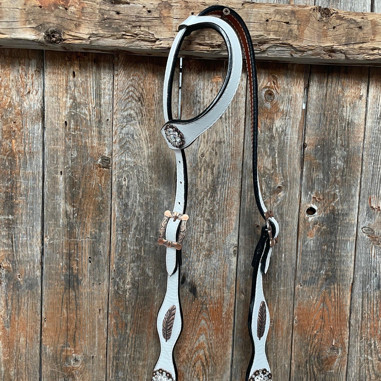White Leather Copper Clear and Feather  Browband/One Ear Tack Set #OEBC482