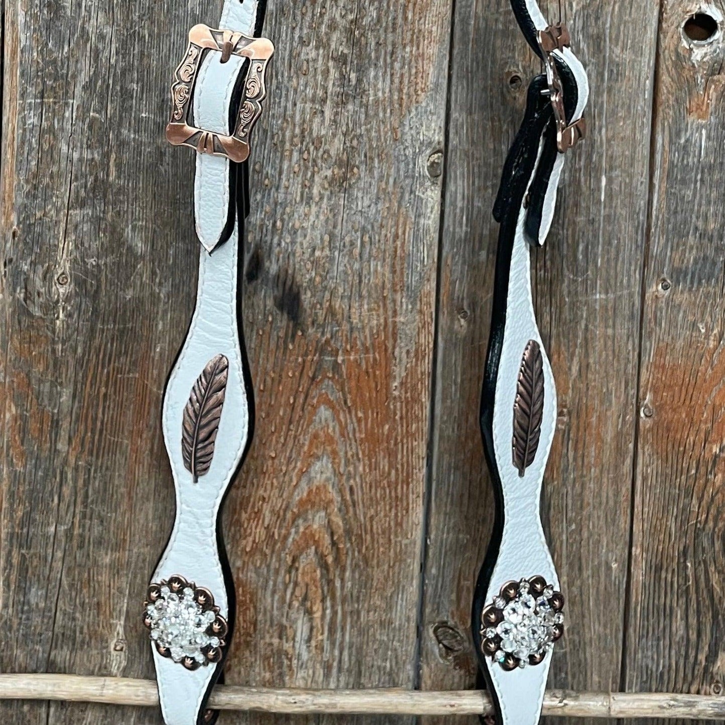 White Leather Copper Clear and Feather  Browband/One Ear Tack Set #OEBC482