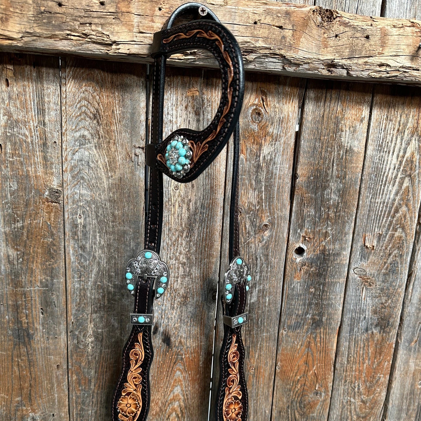 Two Tone Floral Turquoise & Clear One Ear / Browband Breastcollar Tack Set #OEBC579
