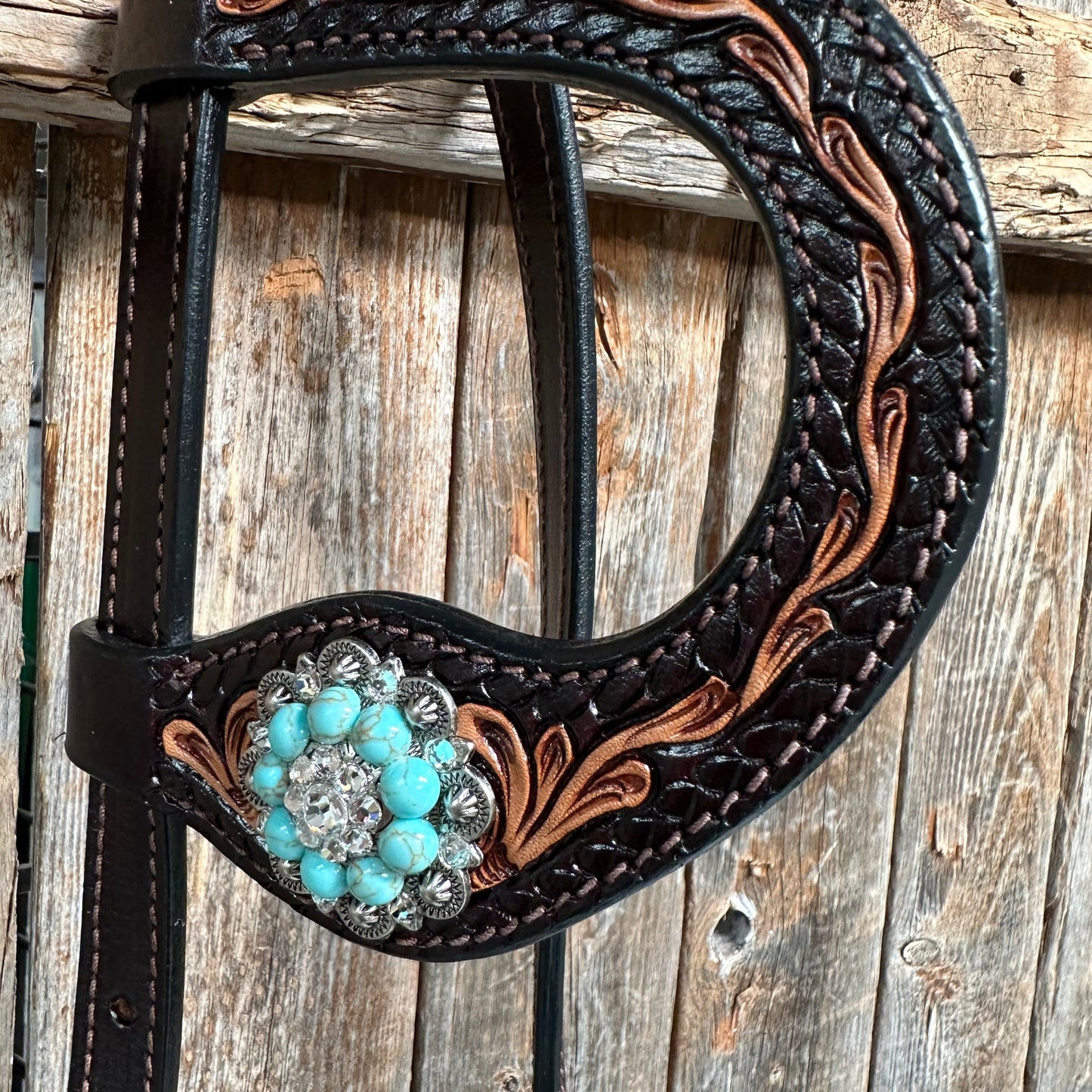 Two Tone Floral Turquoise & Clear One Ear / Browband Breastcollar Tack Set #OEBC579