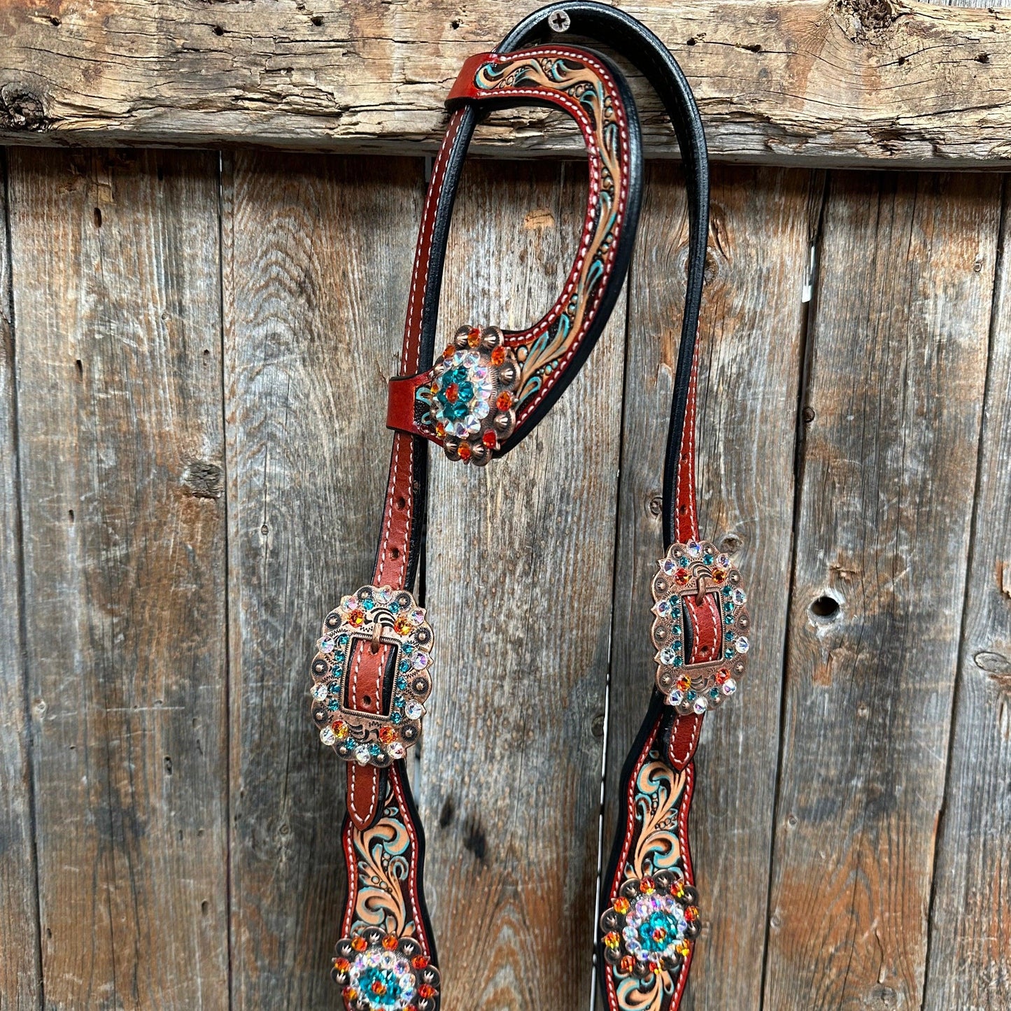 Rust Triangle Fire Opal and Teal One Ear/ Breastcollar Tack Set #OEBC518