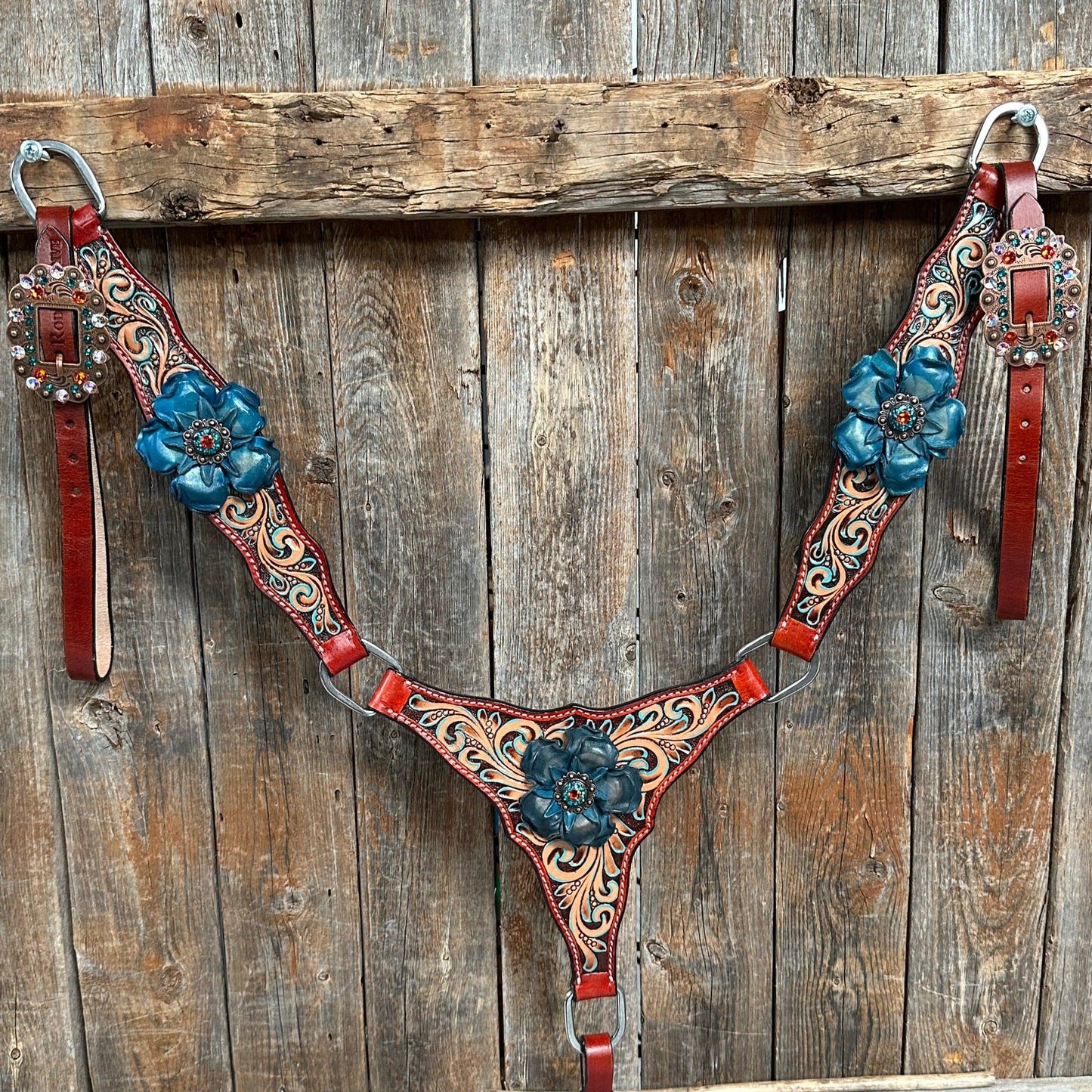 Rust Triangle Turquoise Flower One Ear/ Breastcollar Tack Set #OEBC533