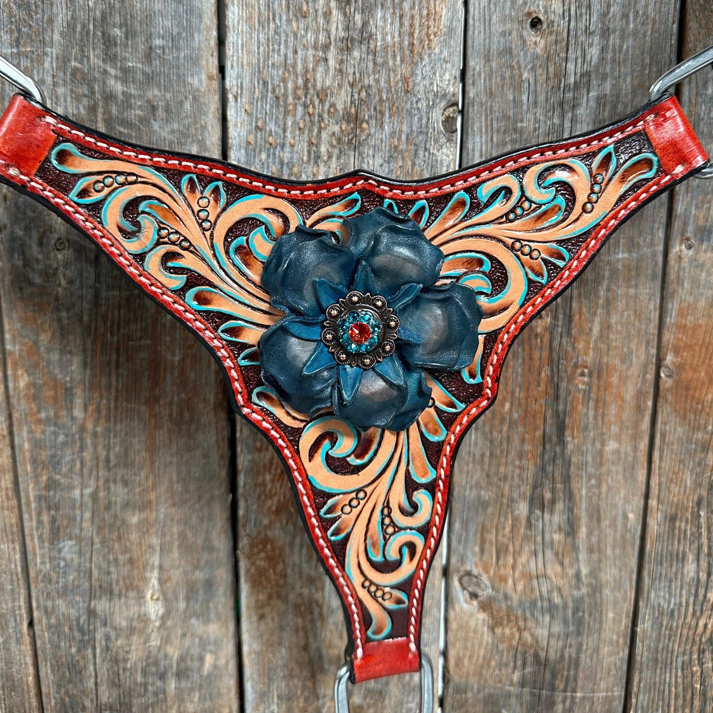 Rust Triangle Turquoise Flower One Ear/ Breastcollar Tack Set #OEBC533