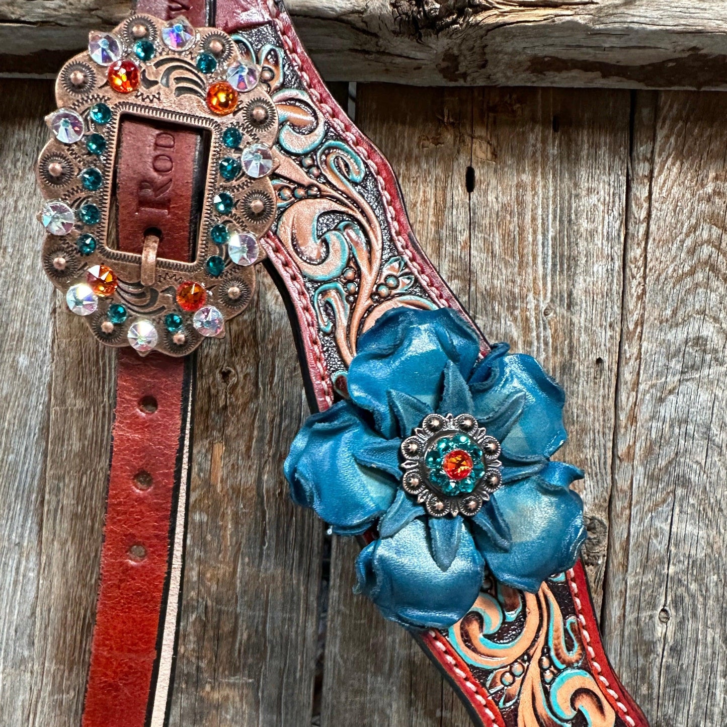 Rust Triangle Turquoise Flower One Ear/ Breastcollar Tack Set #OEBC533