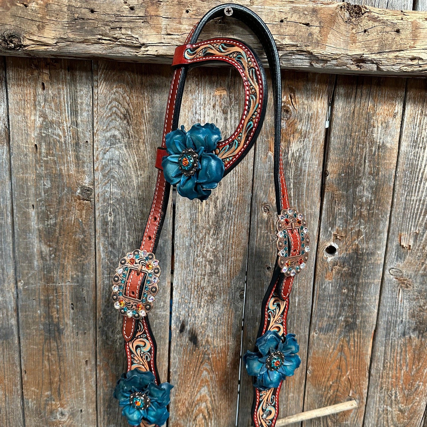 Rust Triangle Turquoise Flower One Ear/ Breastcollar Tack Set #OEBC533
