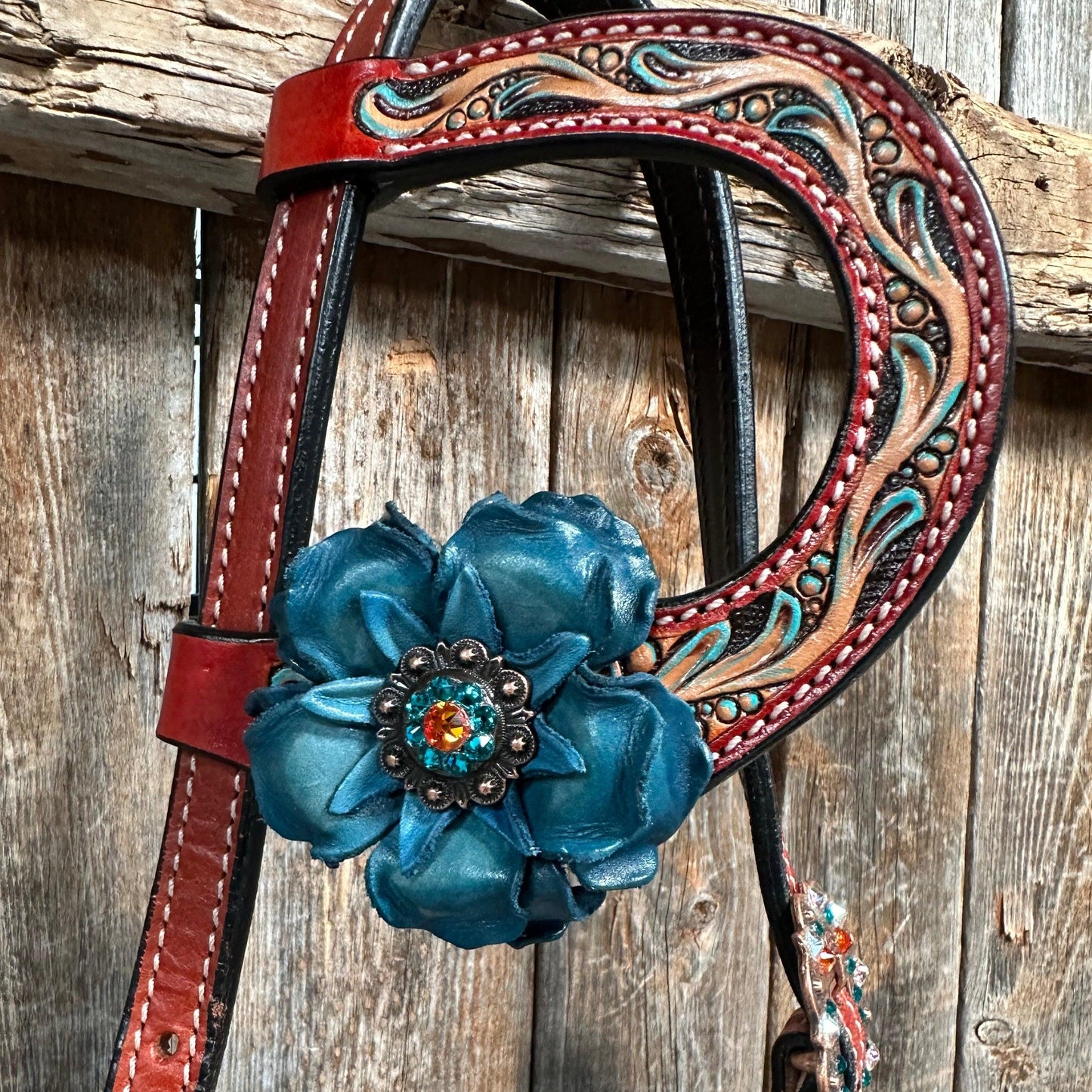 Rust Triangle Turquoise Flower One Ear/ Breastcollar Tack Set #OEBC533