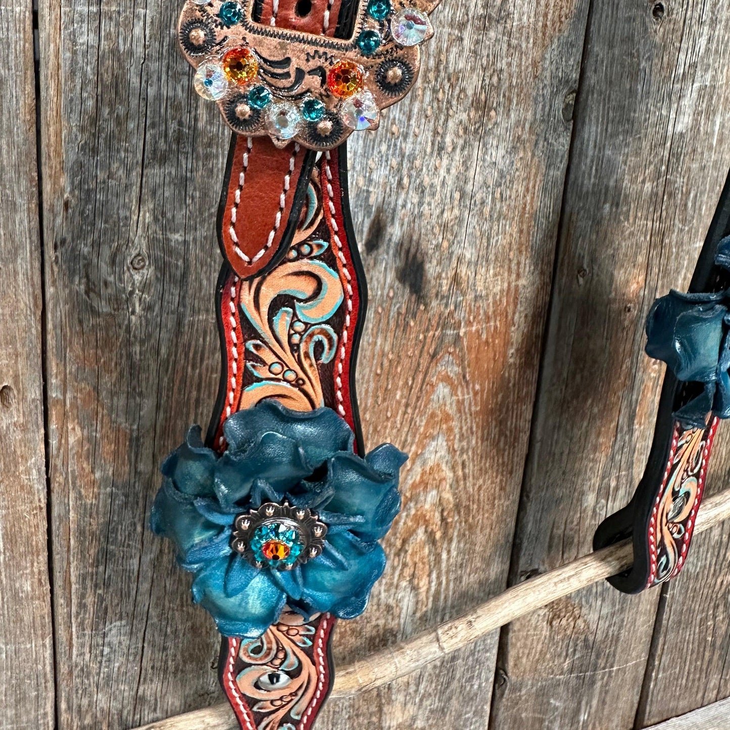 Rust Triangle Turquoise Flower One Ear/ Breastcollar Tack Set #OEBC533