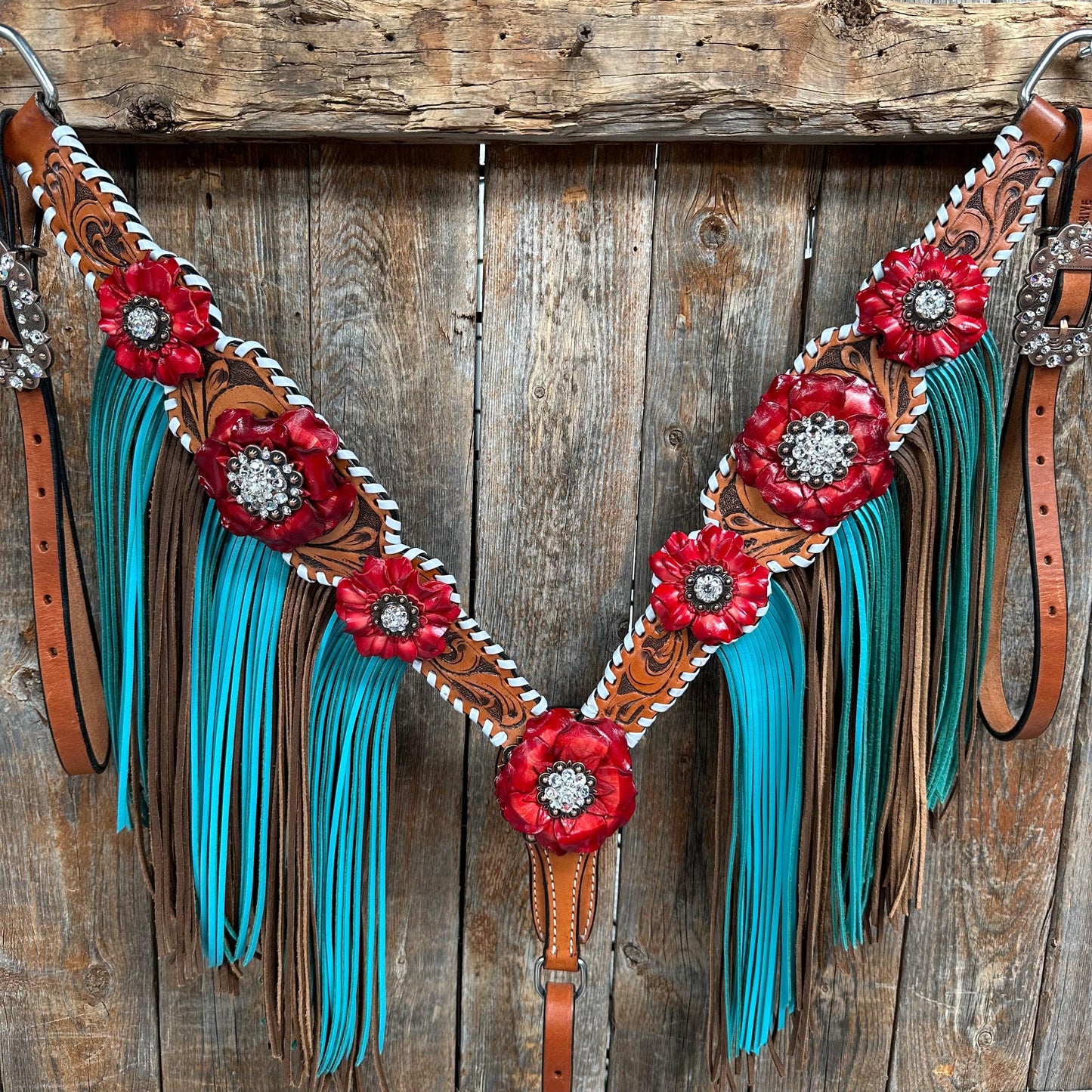Light Oil Whipstitch Red and Turquoise One Ear/ Breastcollar Tack Set #OEBC549