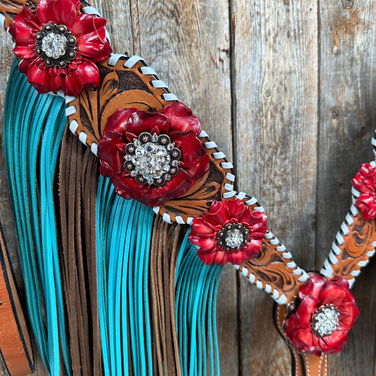 Light Oil Whipstitch Red and Turquoise One Ear/ Breastcollar Tack Set #OEBC549