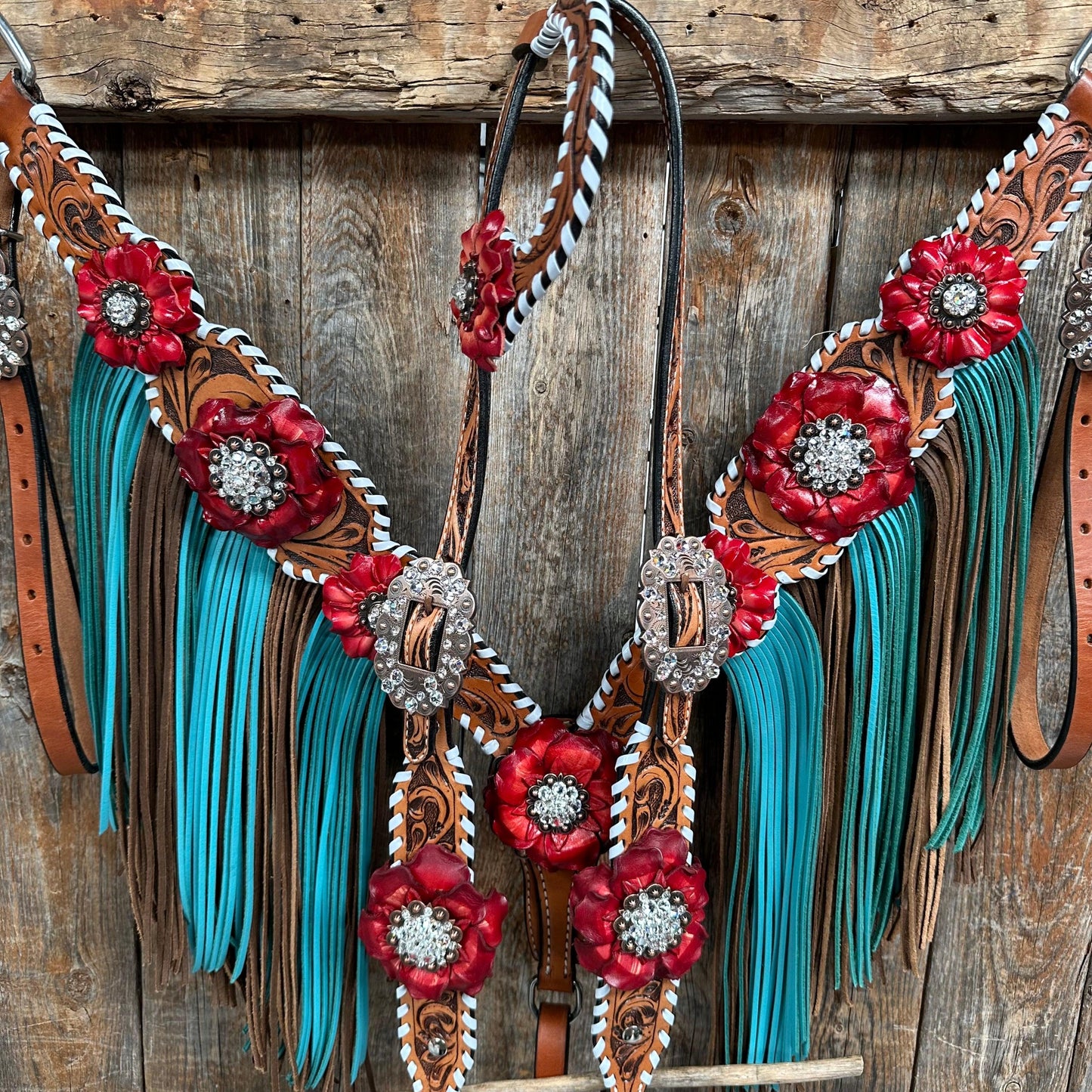Light Oil Whipstitch Red and Turquoise One Ear/ Breastcollar Tack Set #OEBC549