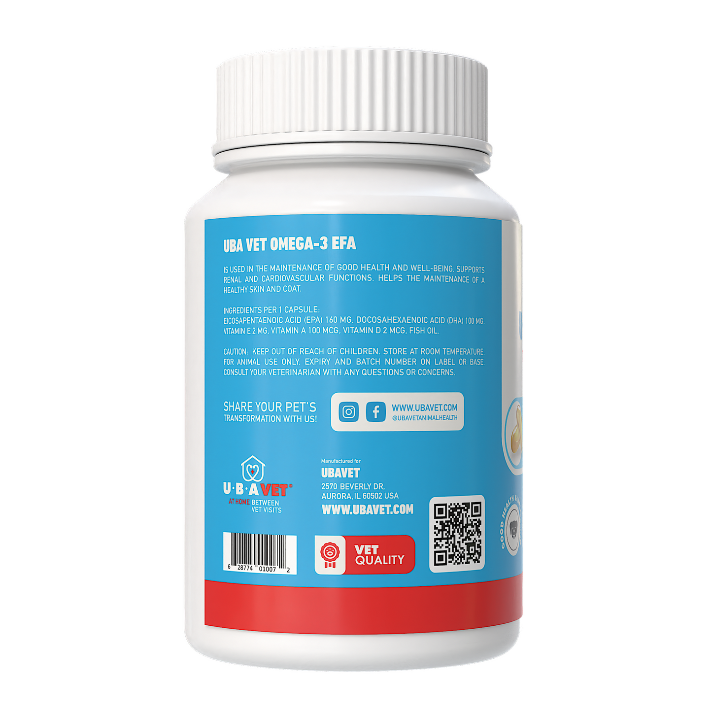 UBAVET Omega-3 Capsules 1000 mg – Skin, Coat & General Health Support for Dogs & Cats (120 ct)