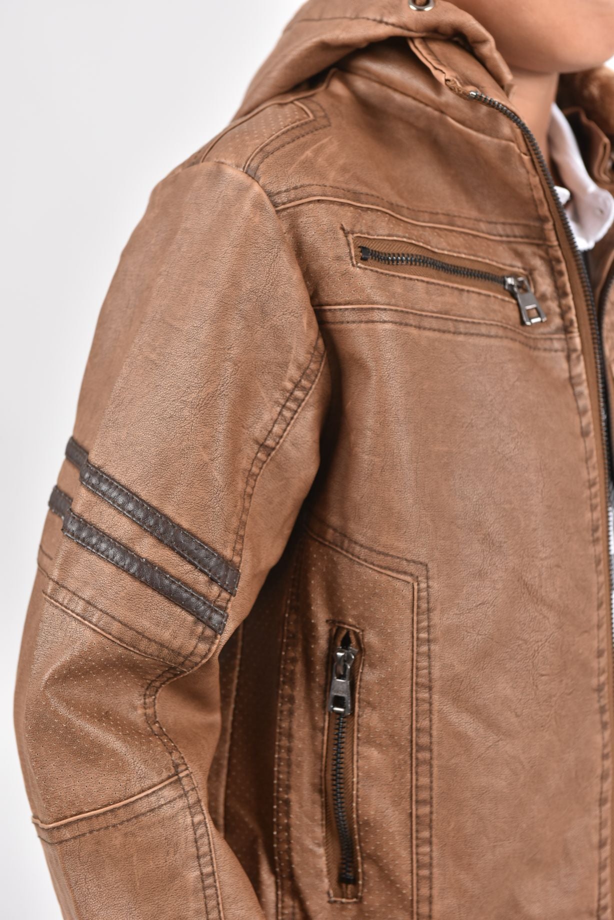 Kid's Camel Hooded Washed Biker Jacket with Fur Lining