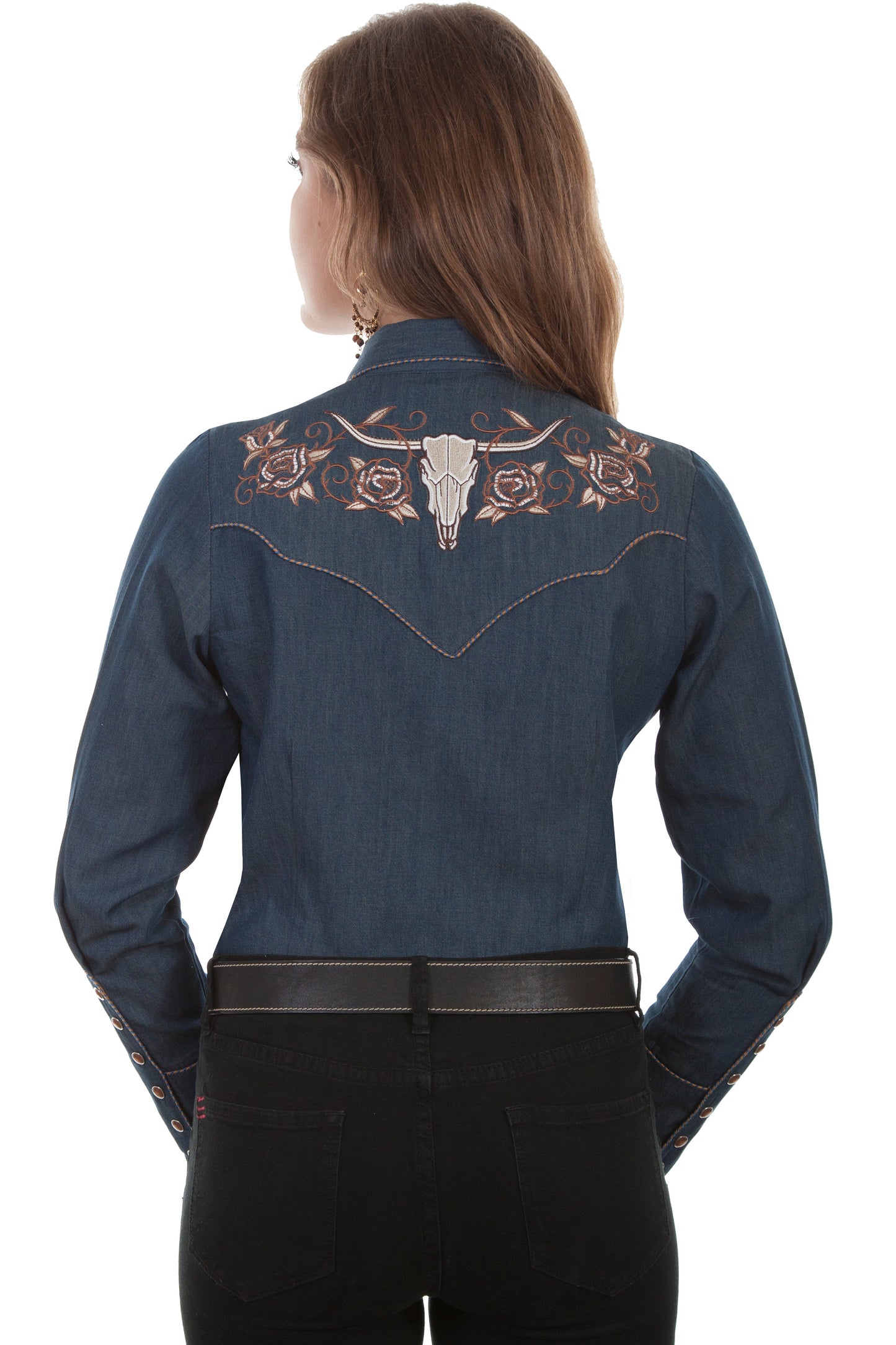 Ladies Longhorn Rose Emb. Blouse - PL-872