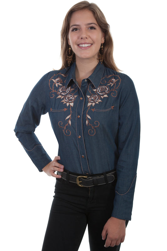 Ladies Longhorn Rose Emb. Blouse - PL-872