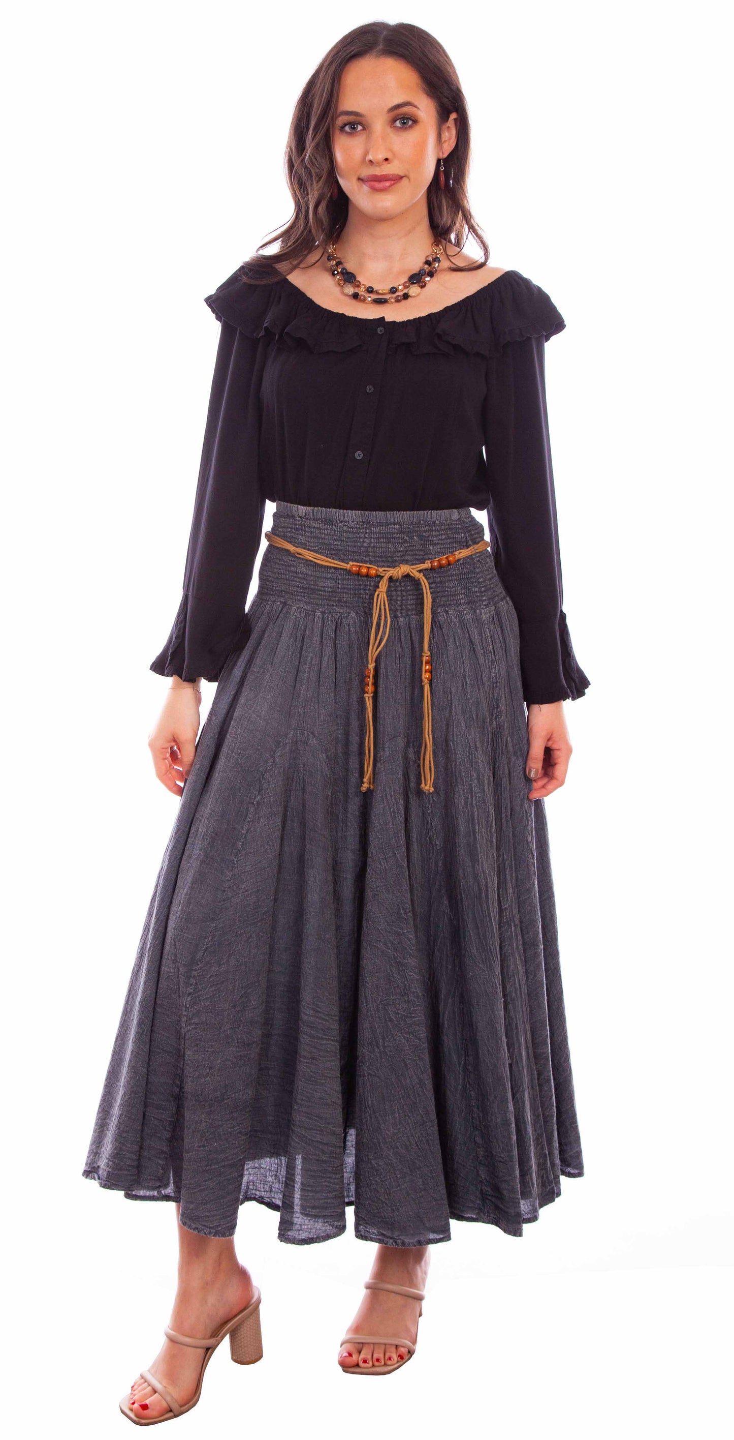 Acid Wash Skirt W/beaded Cord Belt - PSL-136