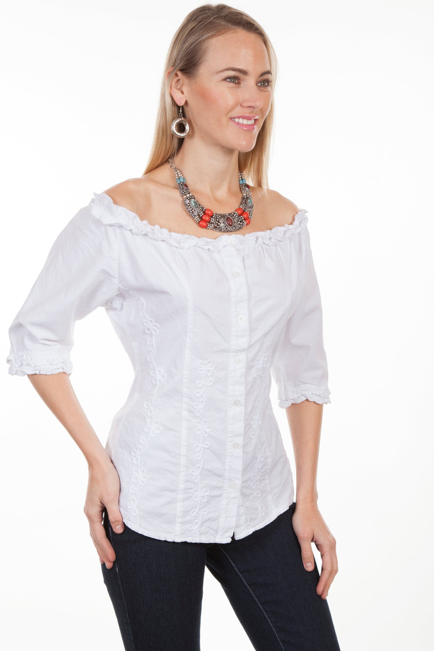 3/4 Slv Scoop Neck Button Front Blou - PSL-182