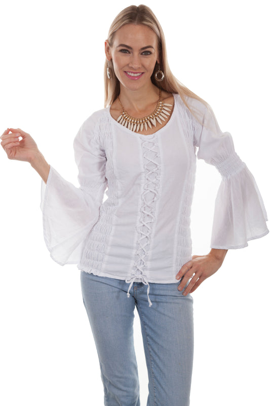 Lace Up Blouse W/side Smocking L/s - PSL-222