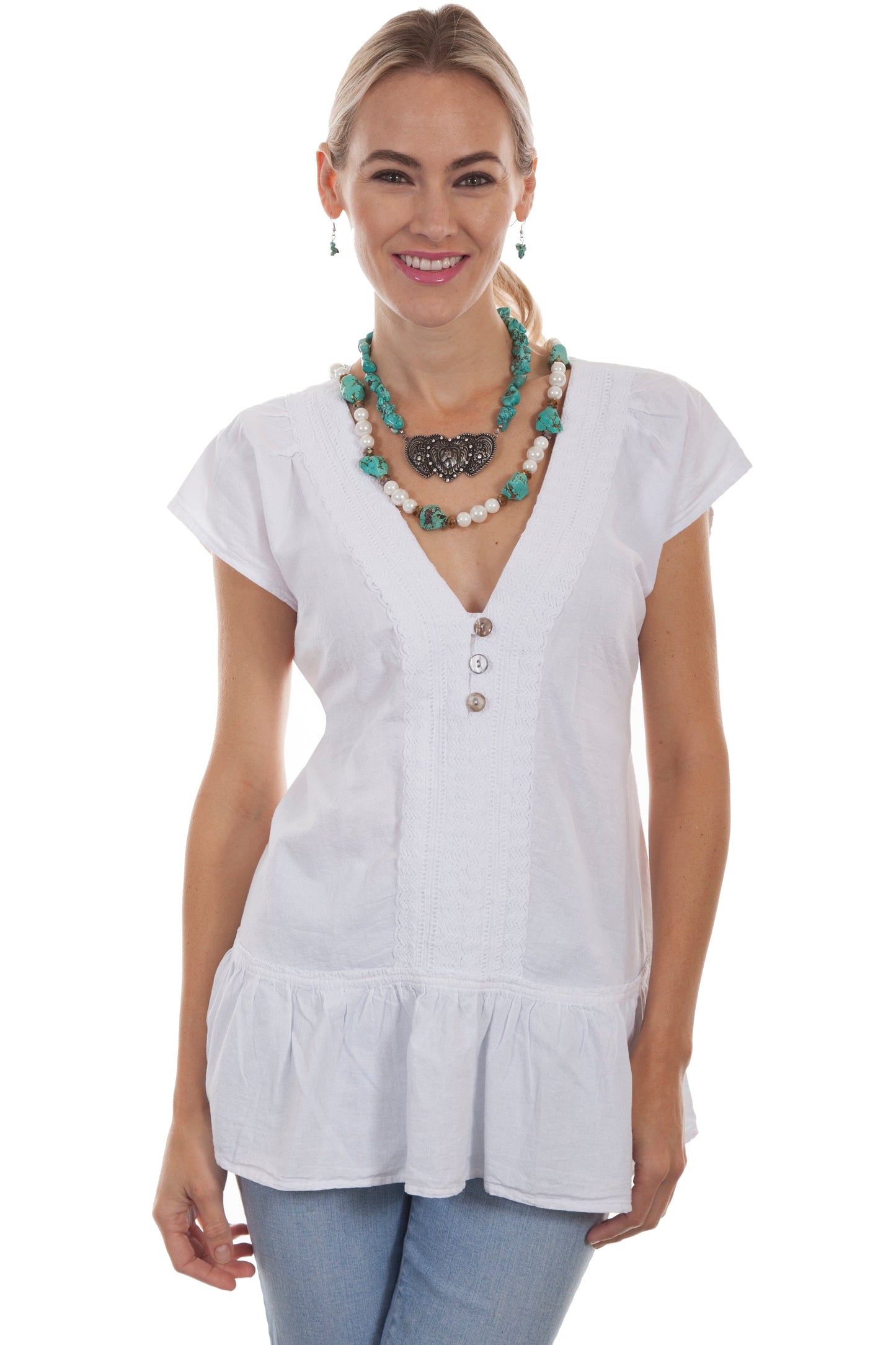 Tie Back V-neck Blouse W/ruffle Bott - PSL-223