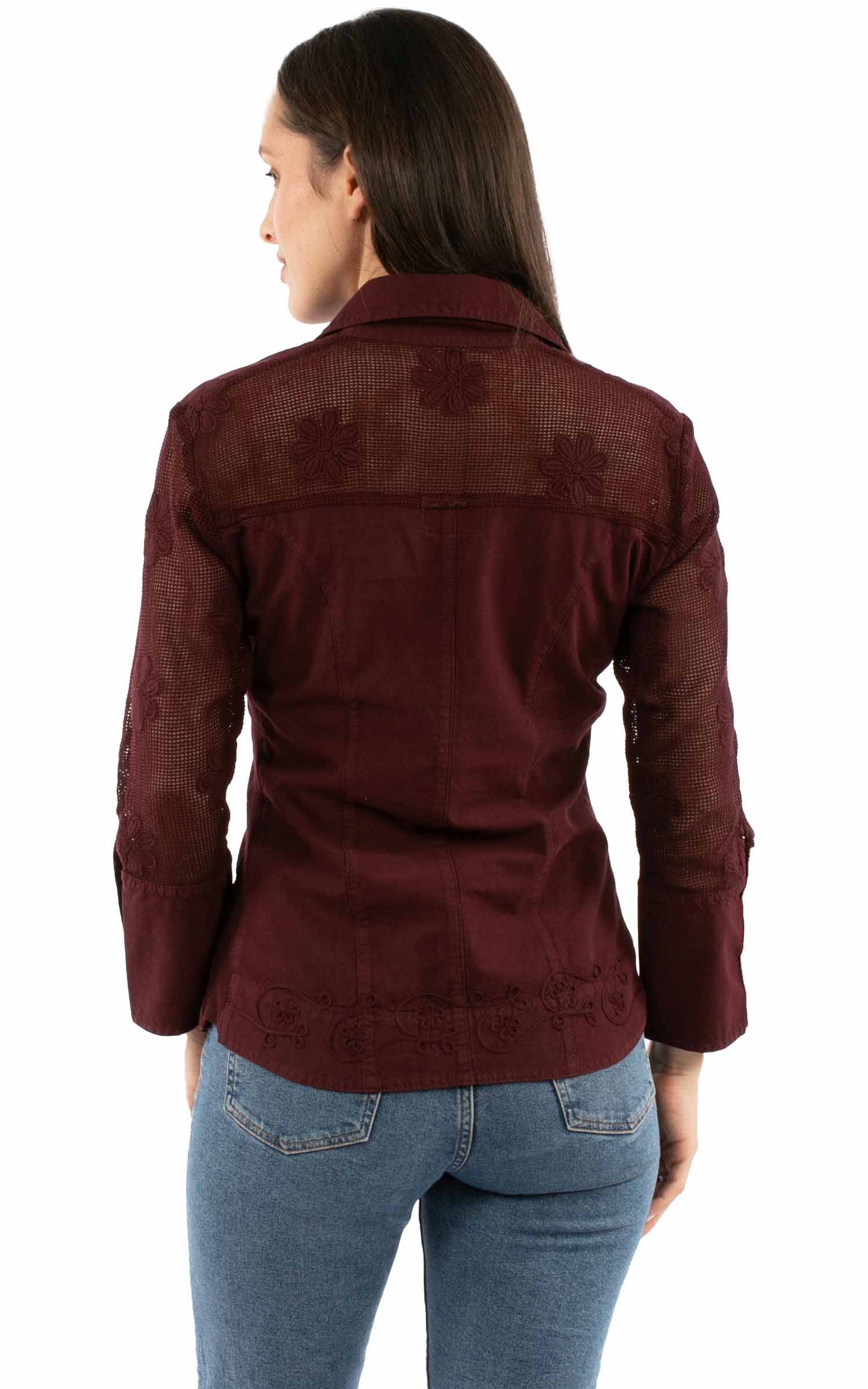 Emb. Blouse W/mesh Sleeves - PSL-274