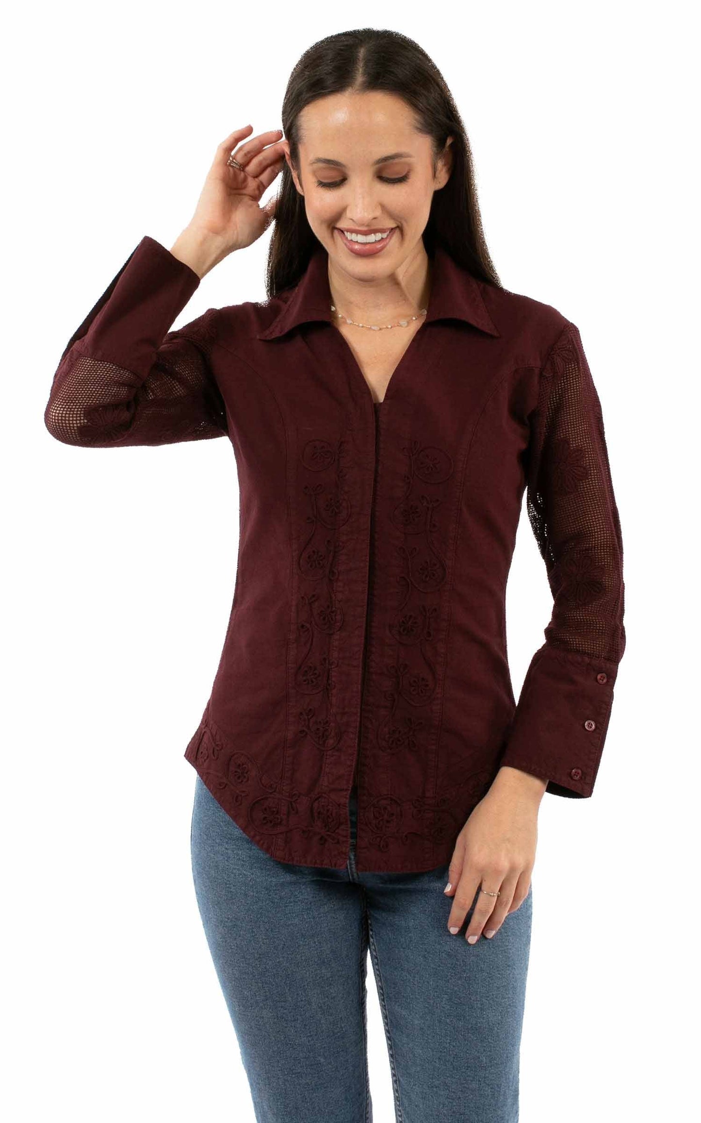 Emb. Blouse W/mesh Sleeves - PSL-274