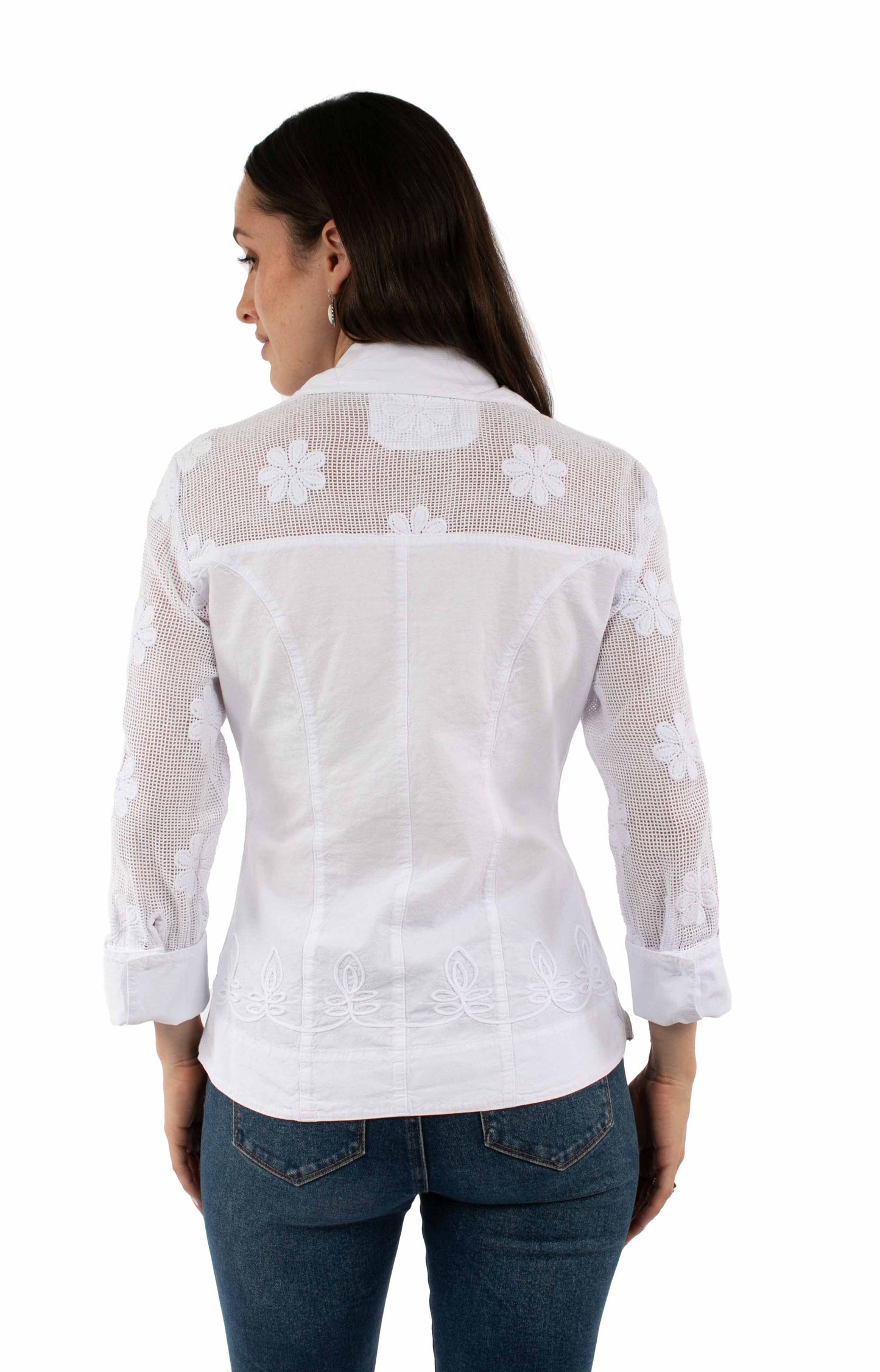 Emb. Blouse W/mesh Sleeves - PSL-274