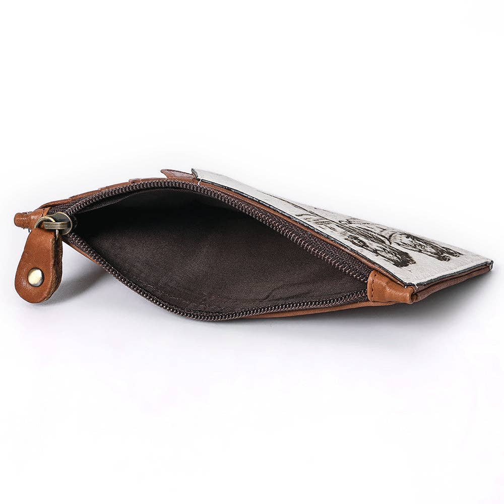 Hand-Painted Card Holder - Western Cowhide Leather Zip Wallet