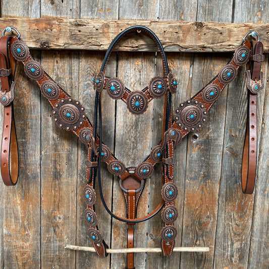 Medium Oil Navajo Style Copper Turquoise Browband & Breastcollar Tack Set #BBBC448