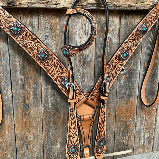 Light Oil Buckaroo Roper Flower Turquoise One Ear & Breastcollar Tack Set #OEBC459