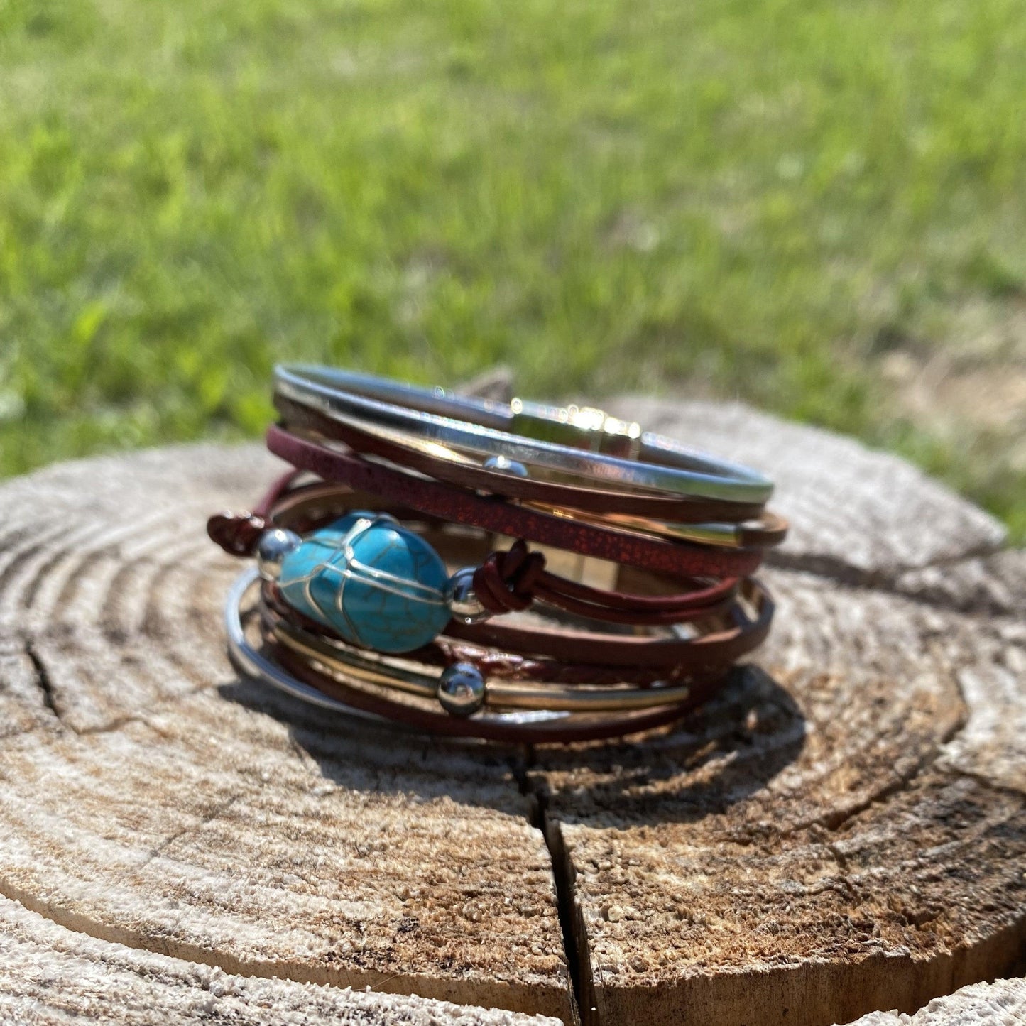 Burgundy Leather & Turquoise Stone Fashion Bracelet XI114