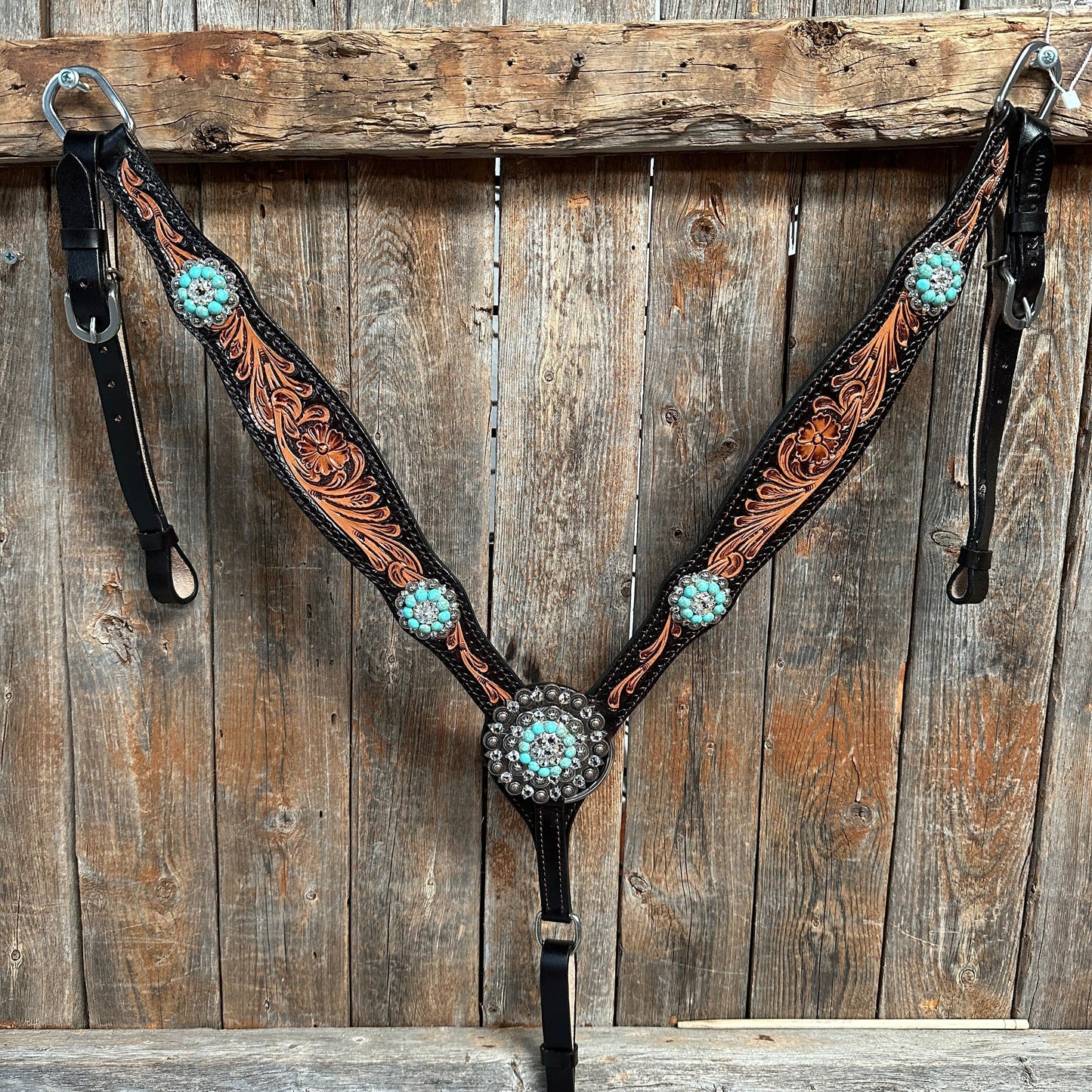 Two Tone Floral Turquoise & Clear One Ear / Browband Breastcollar Tack Set #OEBC579