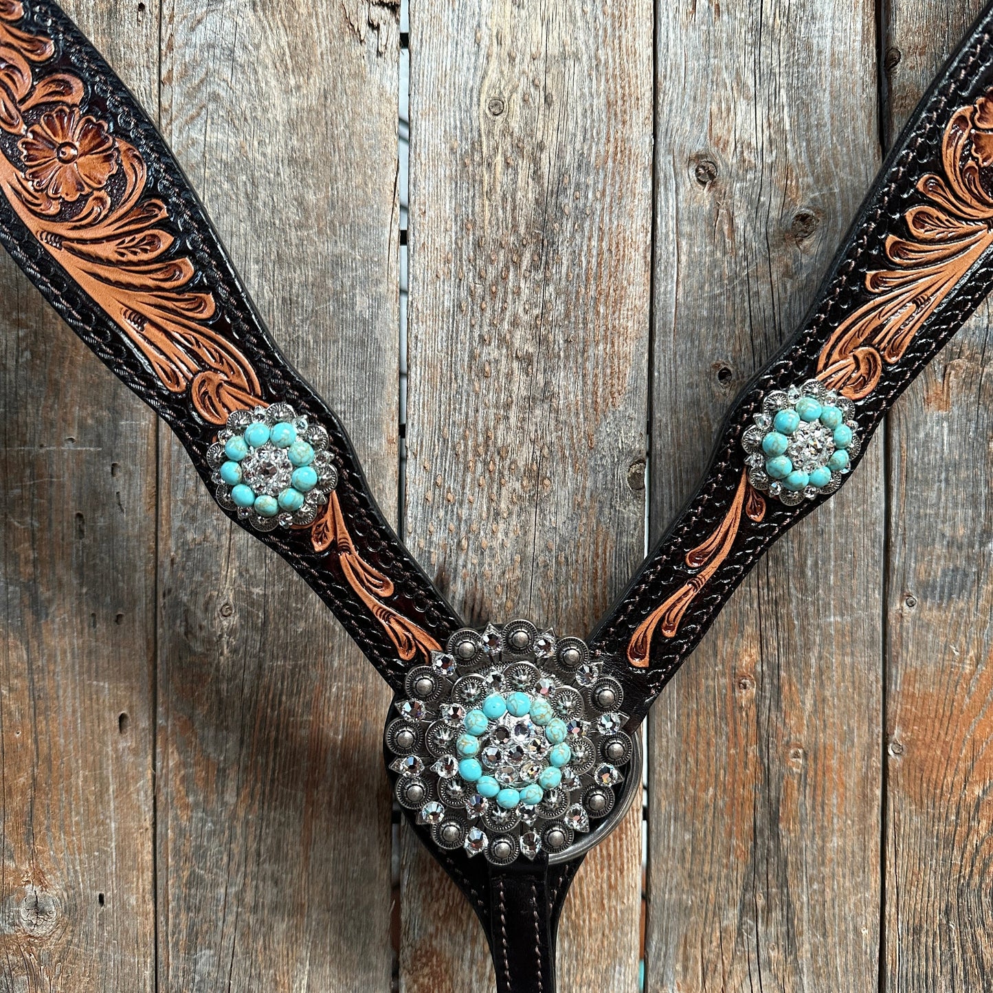 Two Tone Floral Turquoise & Clear One Ear / Browband Breastcollar Tack Set #OEBC579