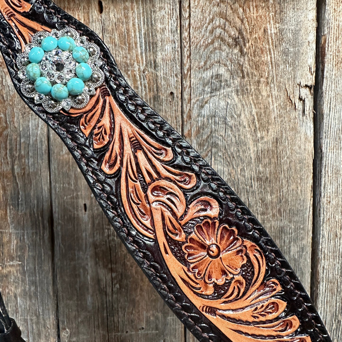 Two Tone Floral Turquoise & Clear One Ear / Browband Breastcollar Tack Set #OEBC579