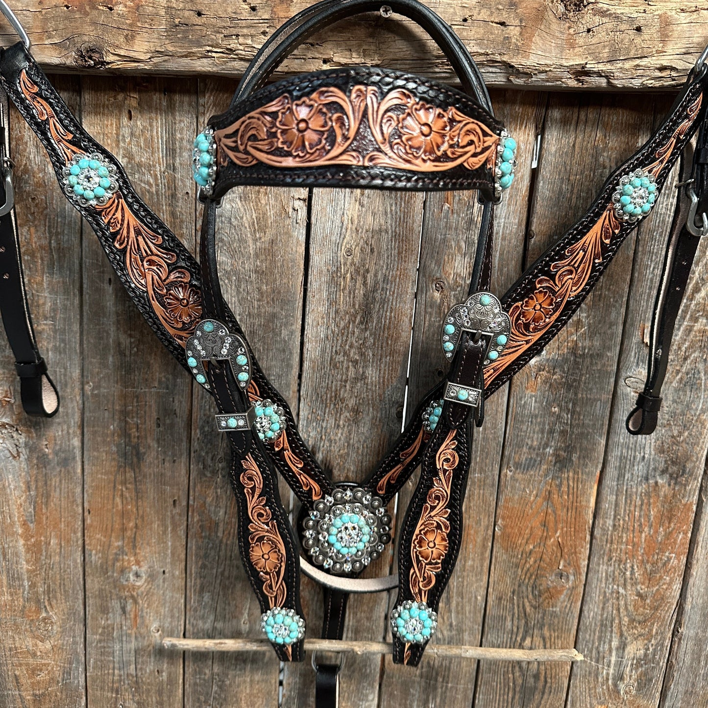 Two Tone Floral Turquoise & Clear One Ear / Browband Breastcollar Tack Set #OEBC579
