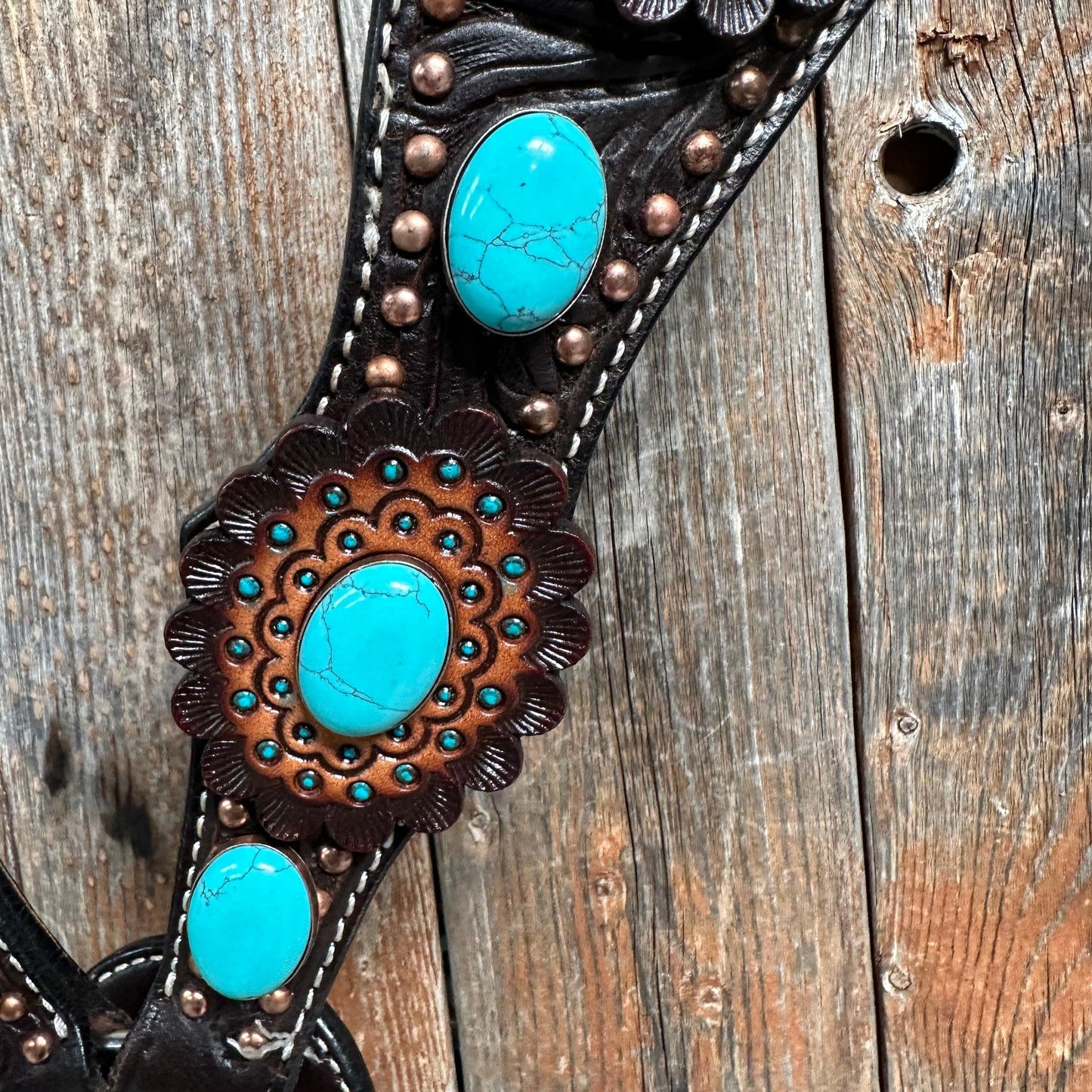 Dark Oil Floral Copper Dot Turquoise Cabochon Browband / Breastcollar Tack Set #BBBC508
