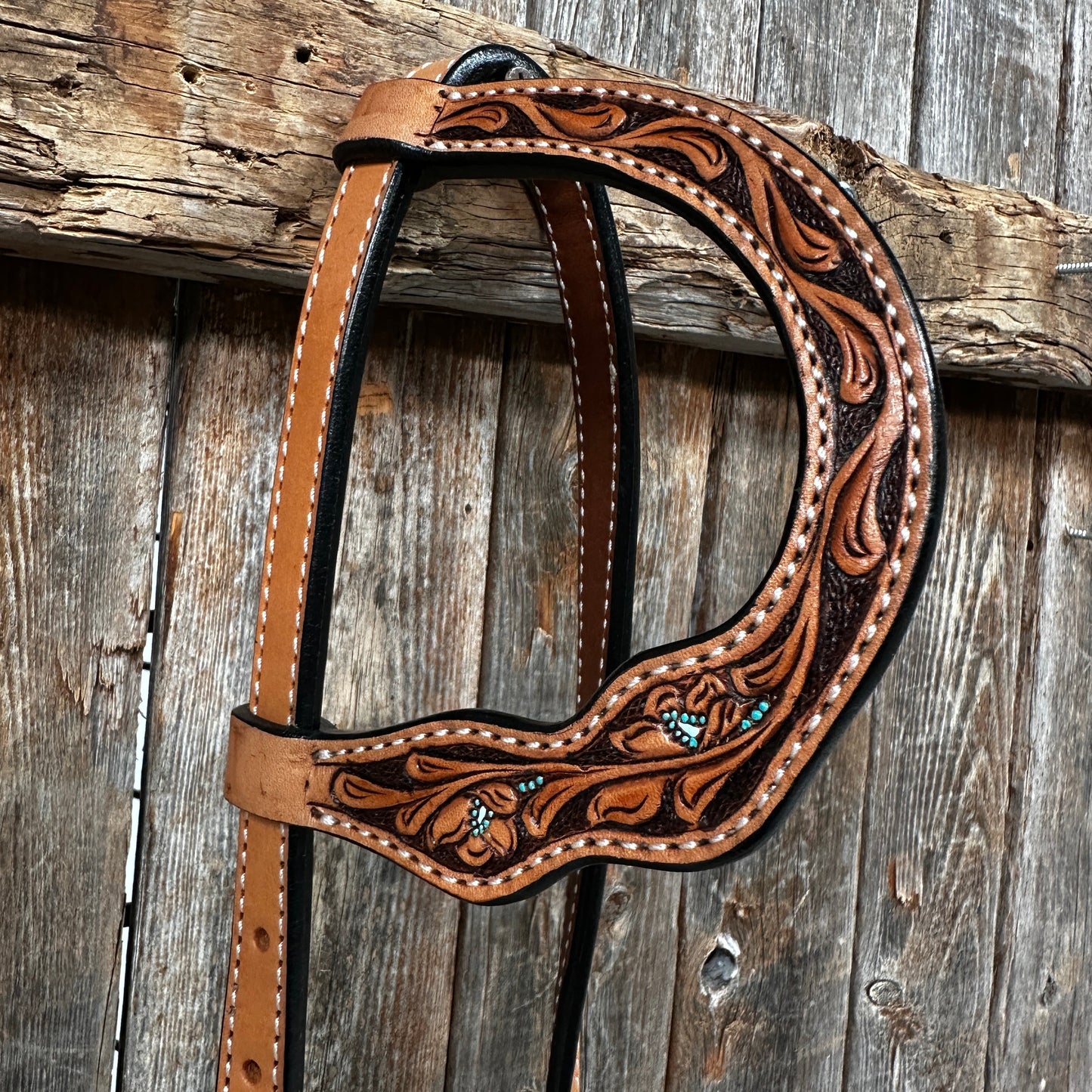 Light Oil Floral and Teal Dot One Ear Headstall / Bridle #24338L