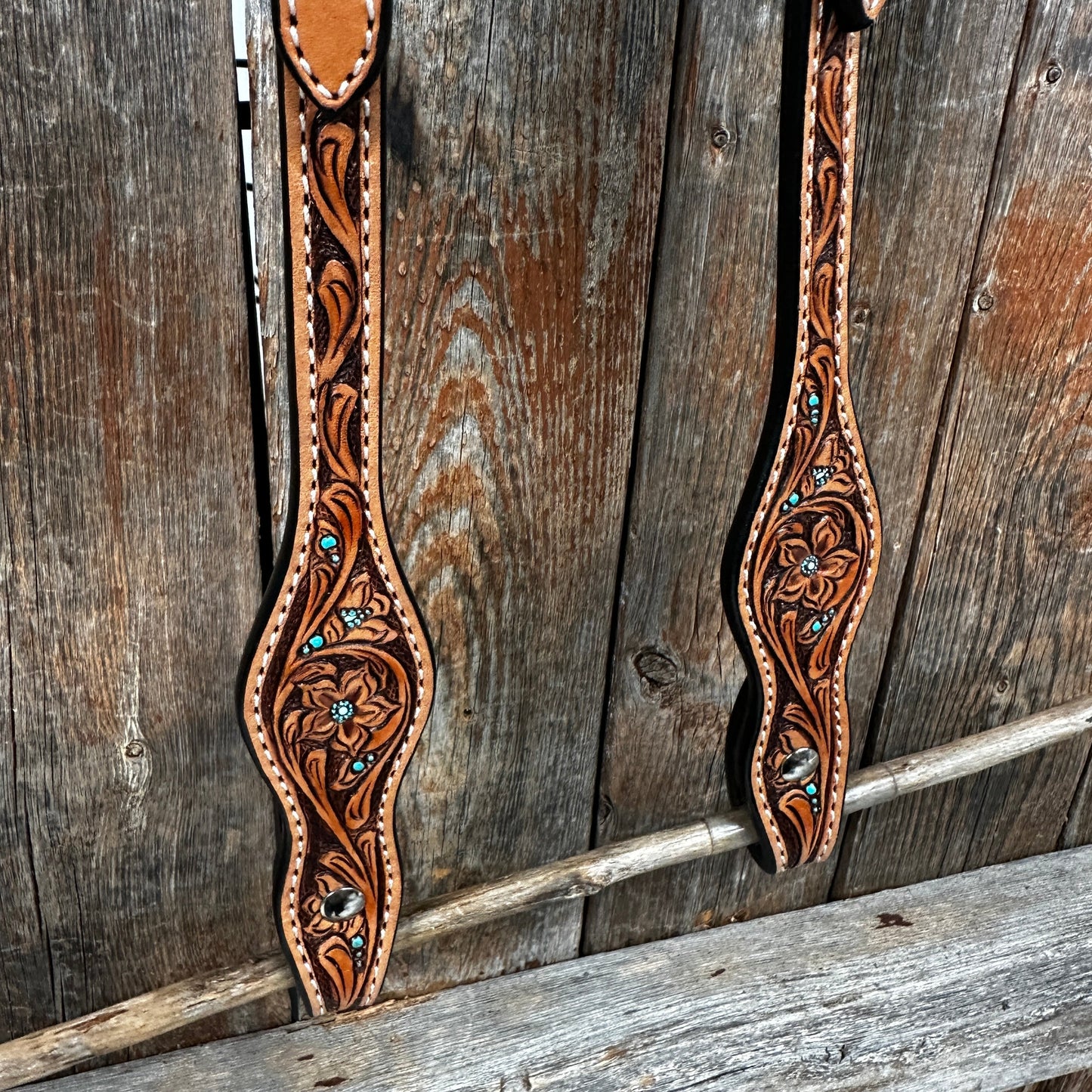 Light Oil Floral and Teal Dot One Ear Headstall / Bridle #24338L