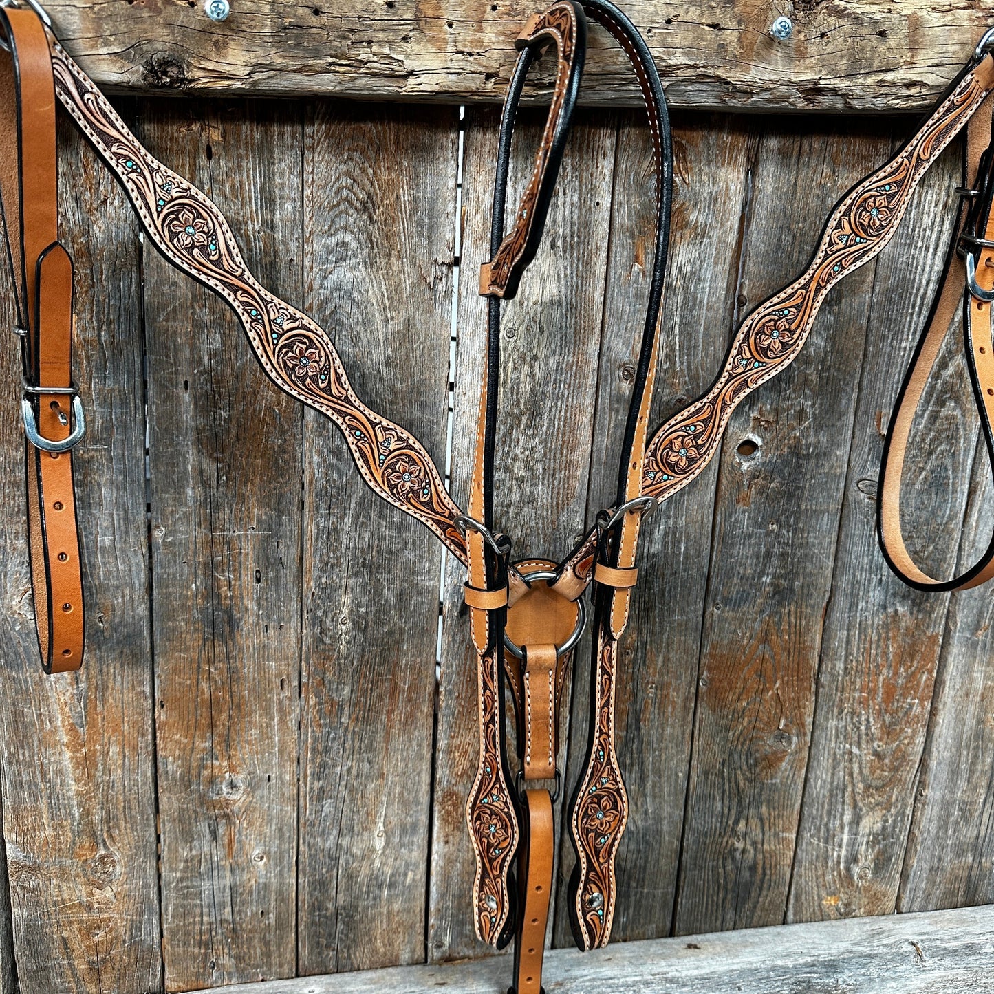 Light Oil Floral and Teal Dot Browband / One Ear Headstall and Breastcollar Tack Sets