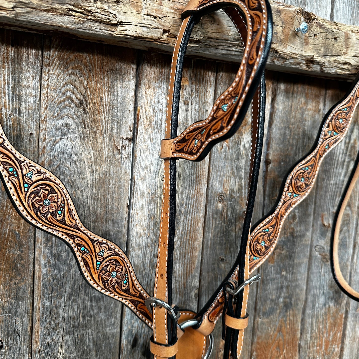 Light Oil Floral and Teal Dot Browband / One Ear Headstall and Breastcollar Tack Sets