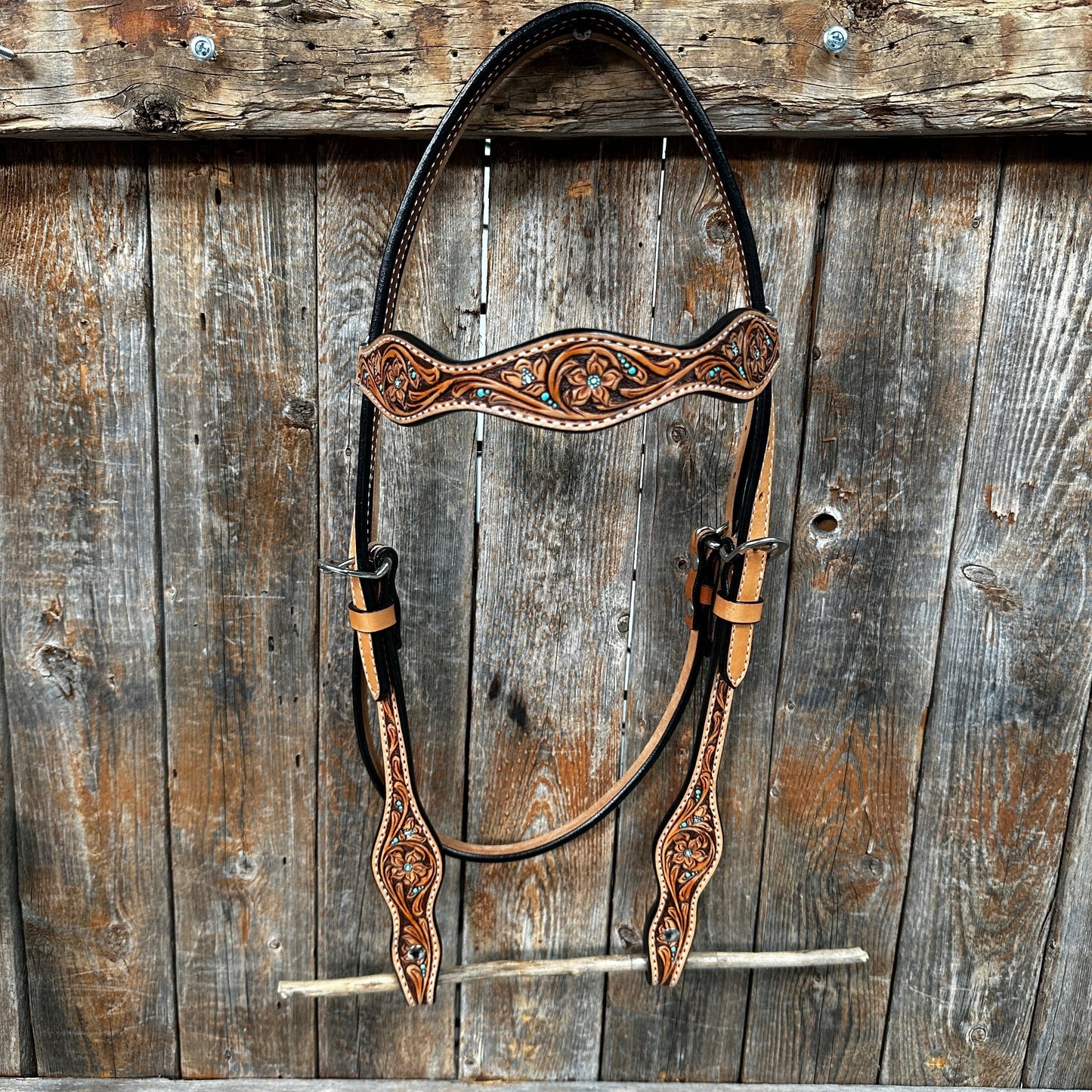 Light Oil Floral and Teal Dot Browband Headstall / Bridle #24337L