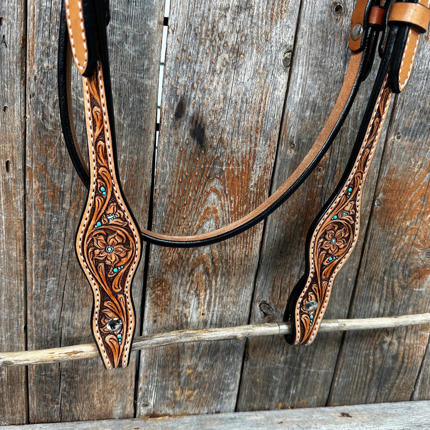 Light Oil Floral and Teal Dot Browband Headstall / Bridle #24337L