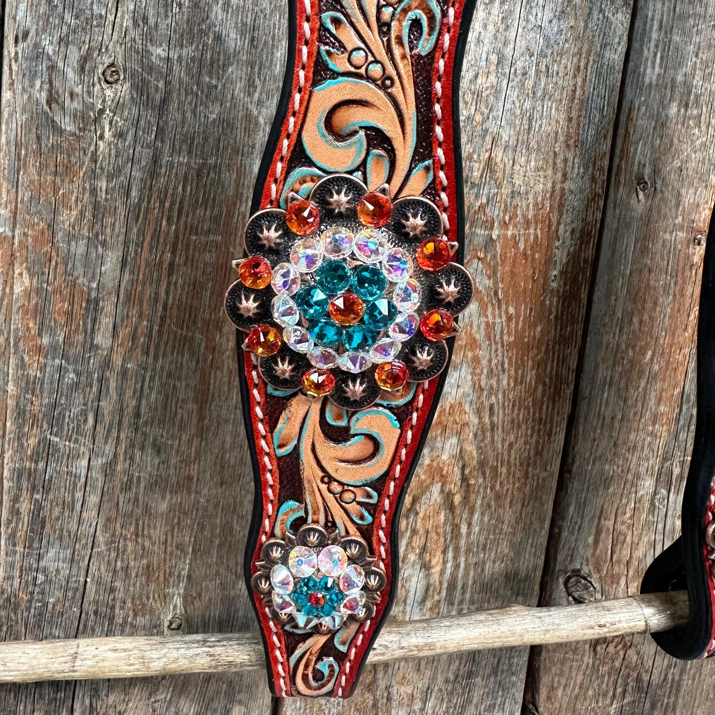 Rust Triangle Fire Opal and Teal One Ear/ Breastcollar Tack Set #OEBC518