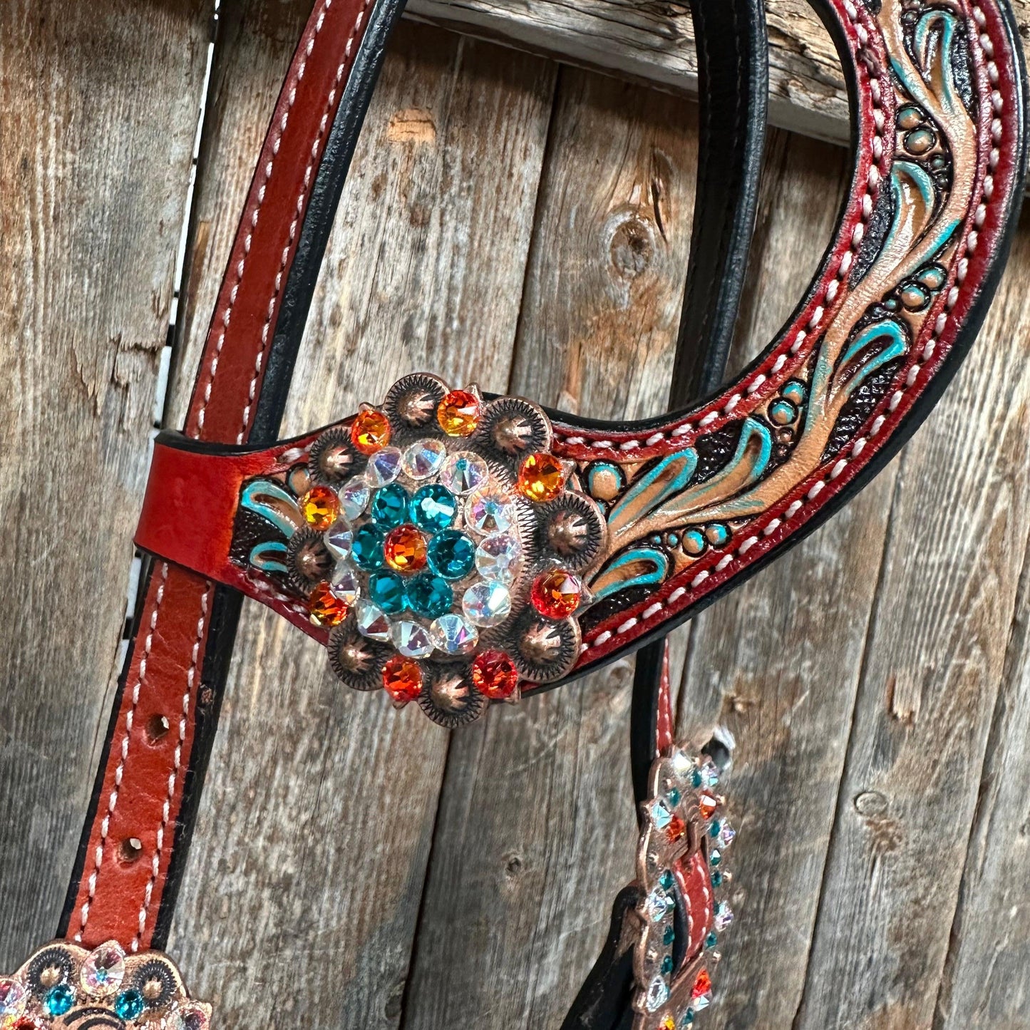 Rust Triangle Fire Opal and Teal One Ear/ Breastcollar Tack Set #OEBC518