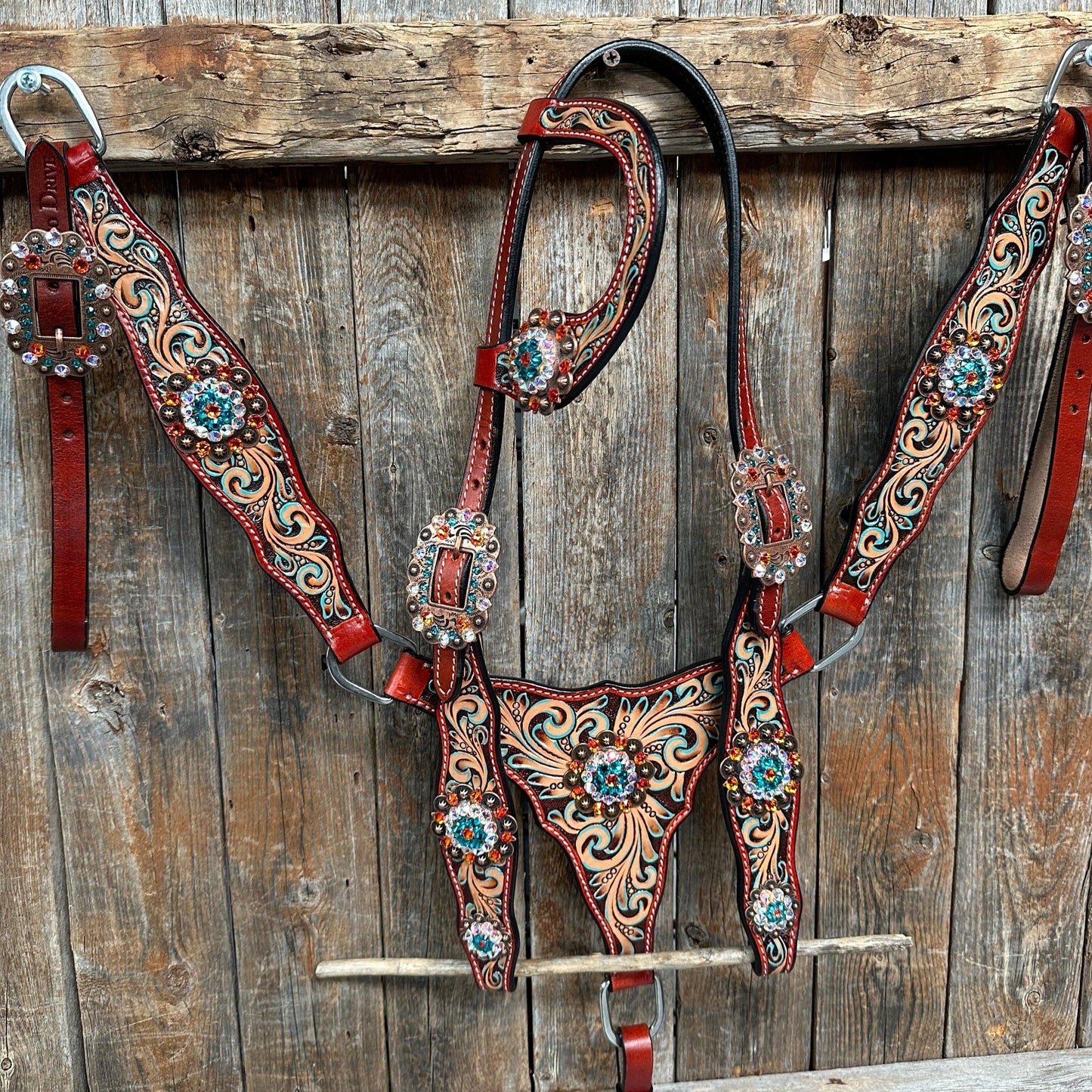 Rust Triangle Fire Opal and Teal One Ear/ Breastcollar Tack Set #OEBC518