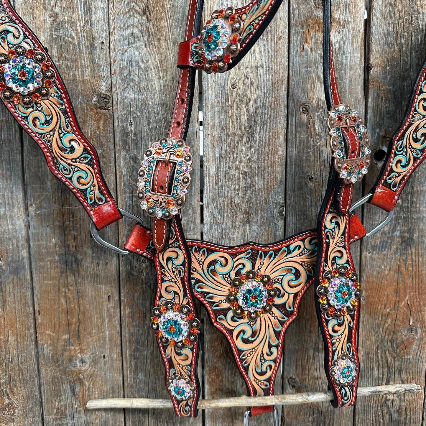 Rust Triangle Fire Opal and Teal One Ear/ Breastcollar Tack Set #OEBC518
