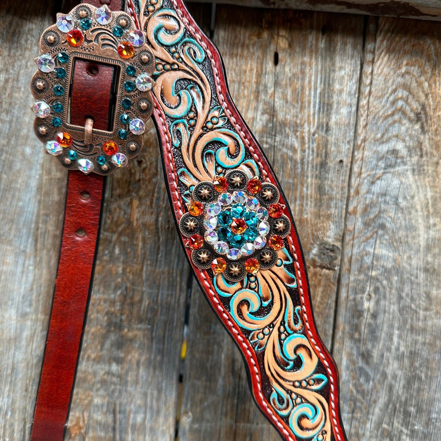 Rust Triangle Fire Opal and Teal One Ear/ Breastcollar Tack Set #OEBC518