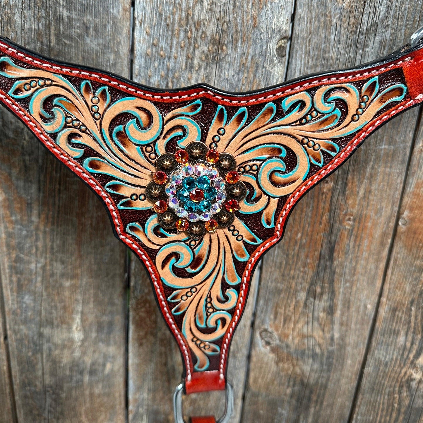 Rust Triangle Fire Opal and Teal One Ear/ Breastcollar Tack Set #OEBC518