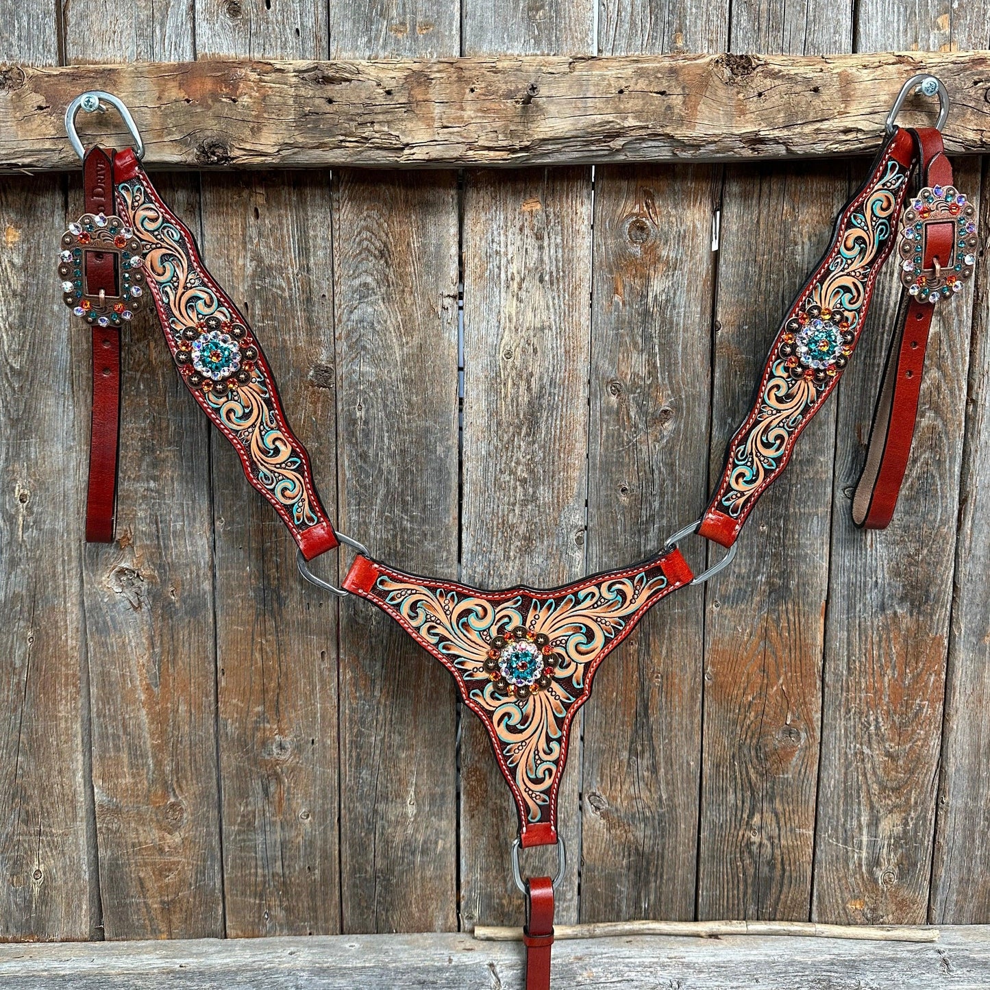 Rust Triangle Fire Opal and Teal One Ear/ Breastcollar Tack Set #OEBC518
