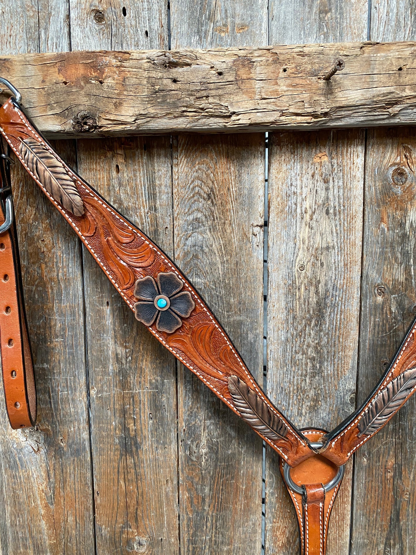 Light Oil Floral Tooled Feather and Flower Breastcollar#BC1052