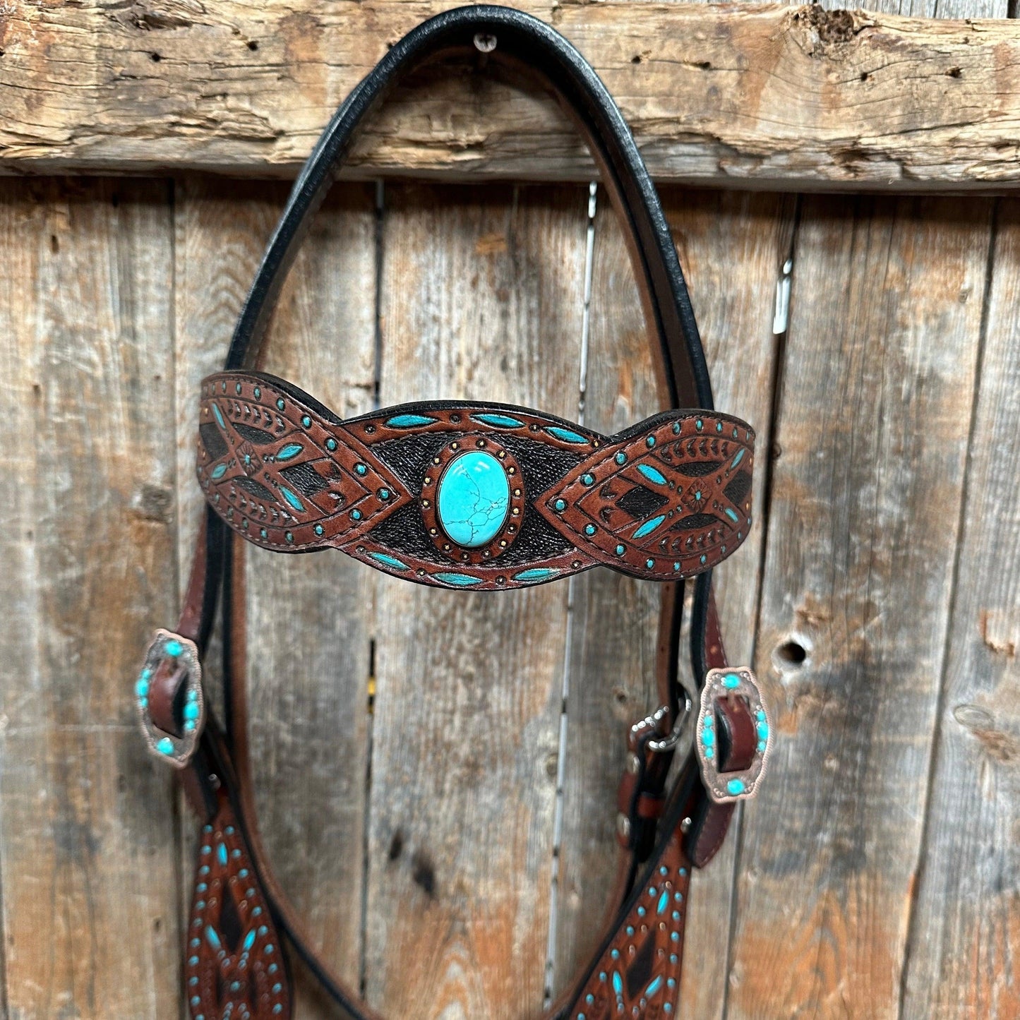 Dark Oil Hand Painted Turquoise Browband/ Breastcollar Tack Set #BBBC524